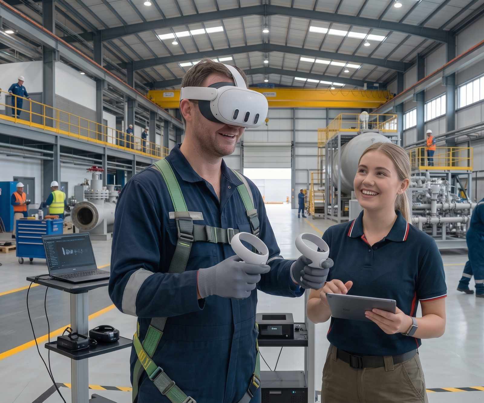Operator wearing a Meta Quest 3 headset running a training simulation on the plant floor, while an instructor follows the session on a tablet.