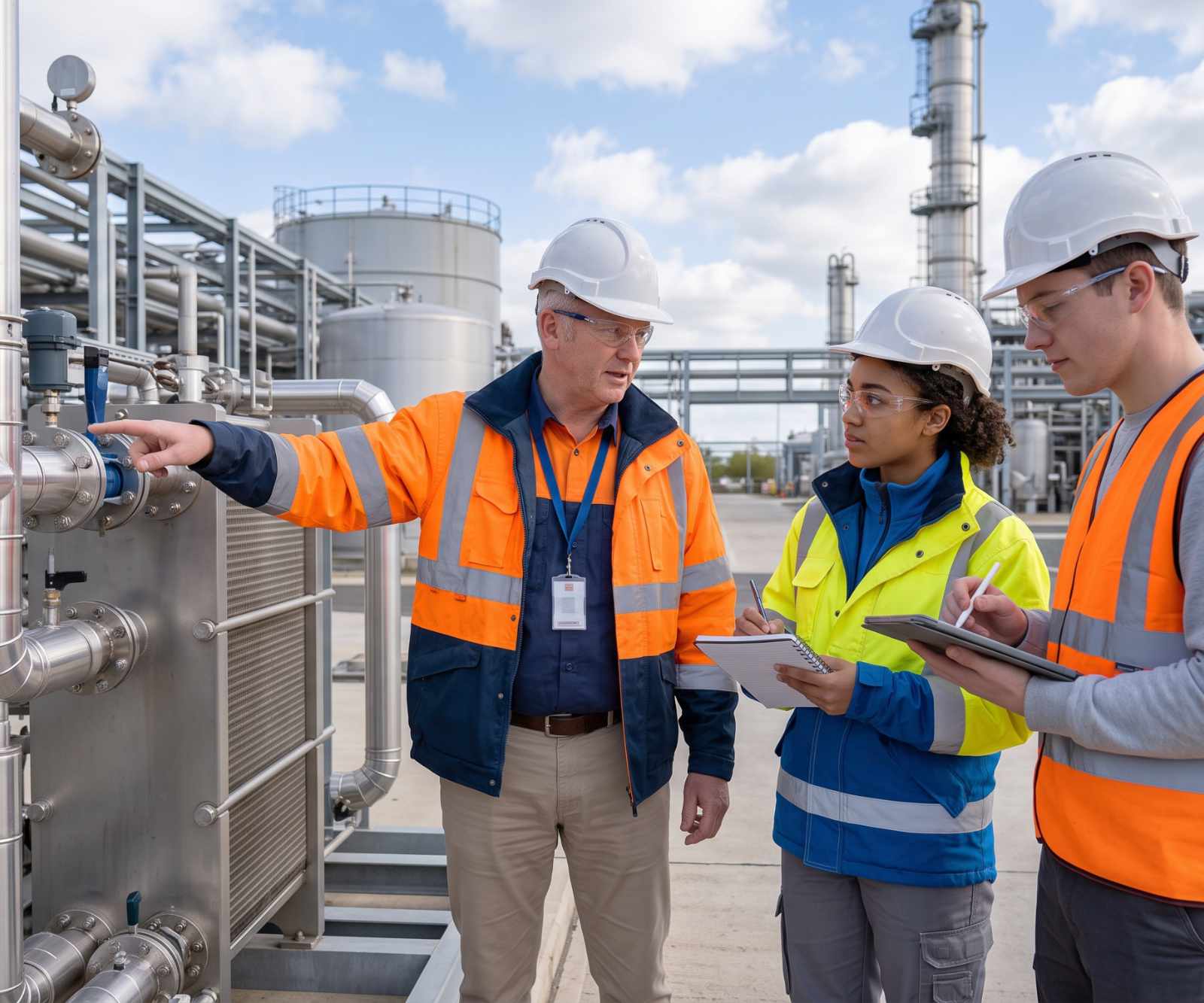Engineering team in hi-vis gear and hard hats surveying a heat exchanger at a process plant, recording findings on tablets.