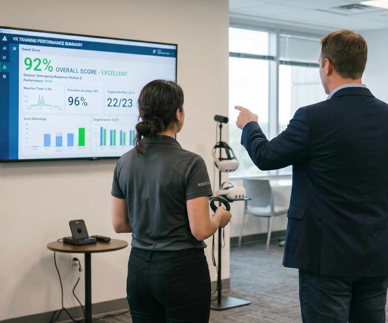 Supervision dashboard on a wall screen showing a VR training performance summary with per-operator scores.