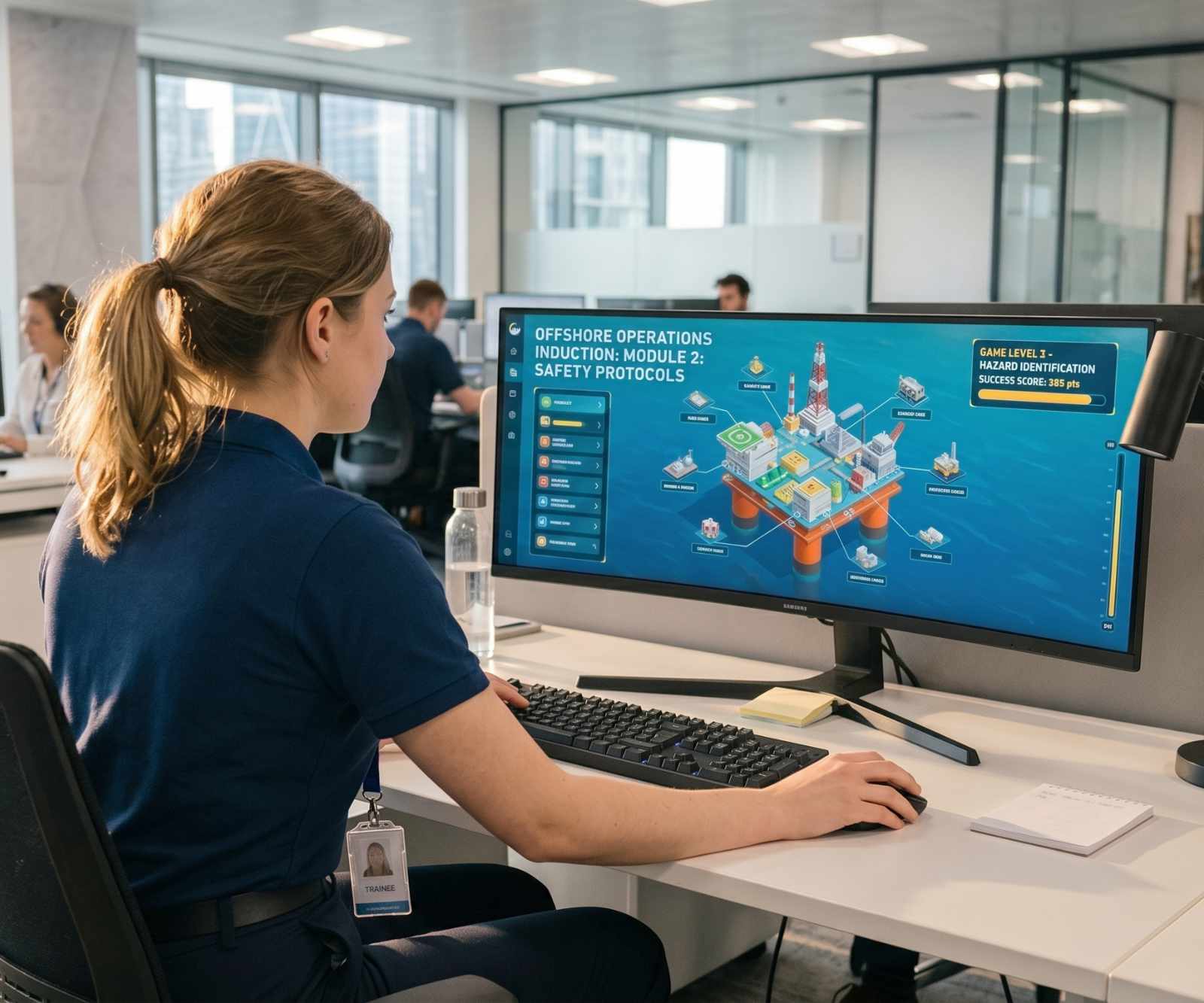 Employee working through a gamified offshore operations induction module on a widescreen monitor.